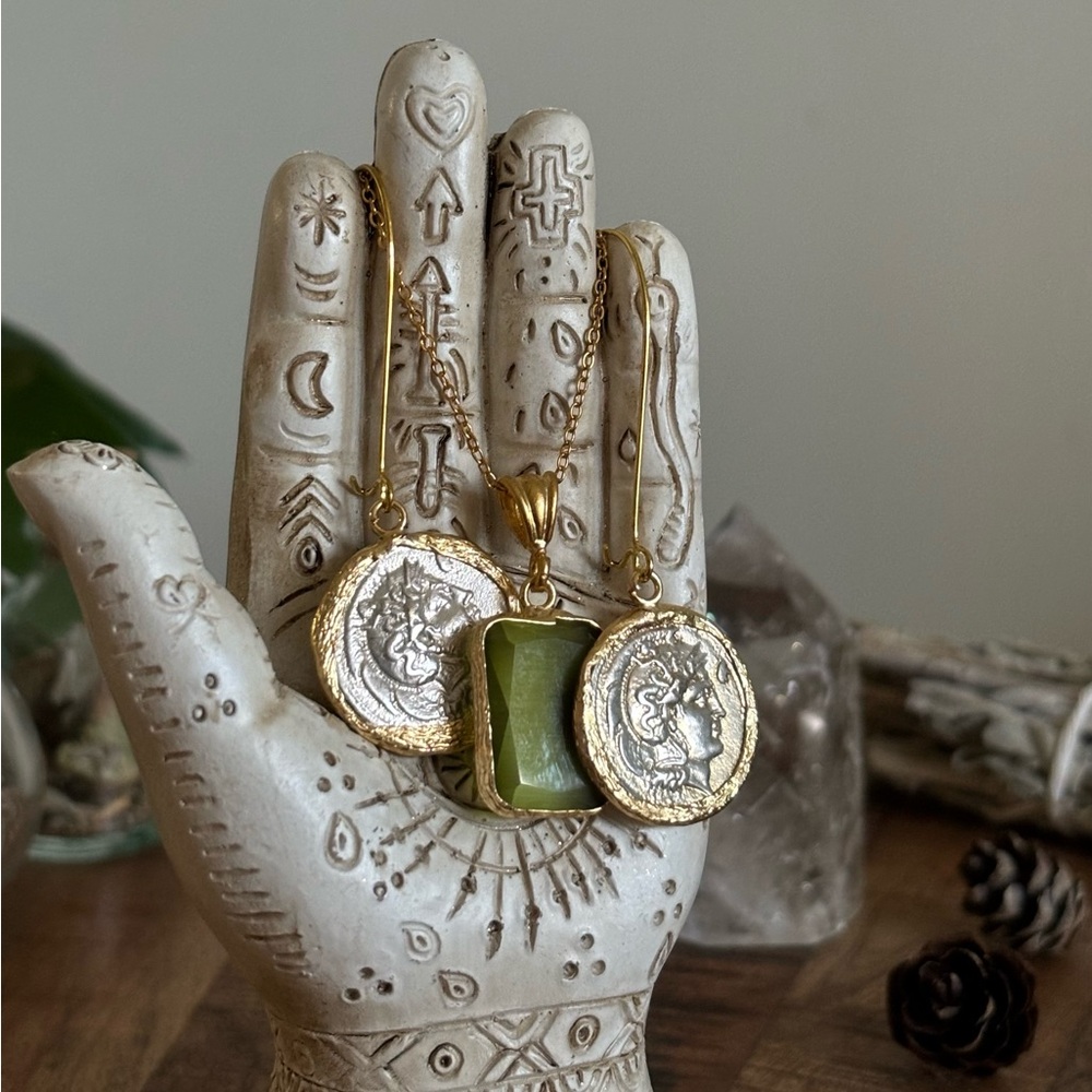 Silver Coin and Green Geometric Jewelry Set – Bohemian Necklace & Earrings